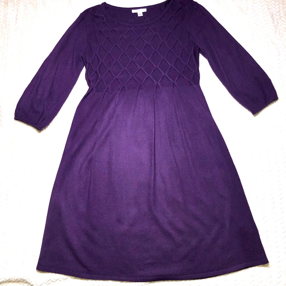 Dressbarn Fit and Flare Textured Sweater Dress Size Large 3D Knit Purple Midi